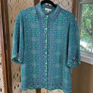 Max Studio Womens Medium Print‎ Casual Shirt  Button Up Short Sleeve Coastal NWT